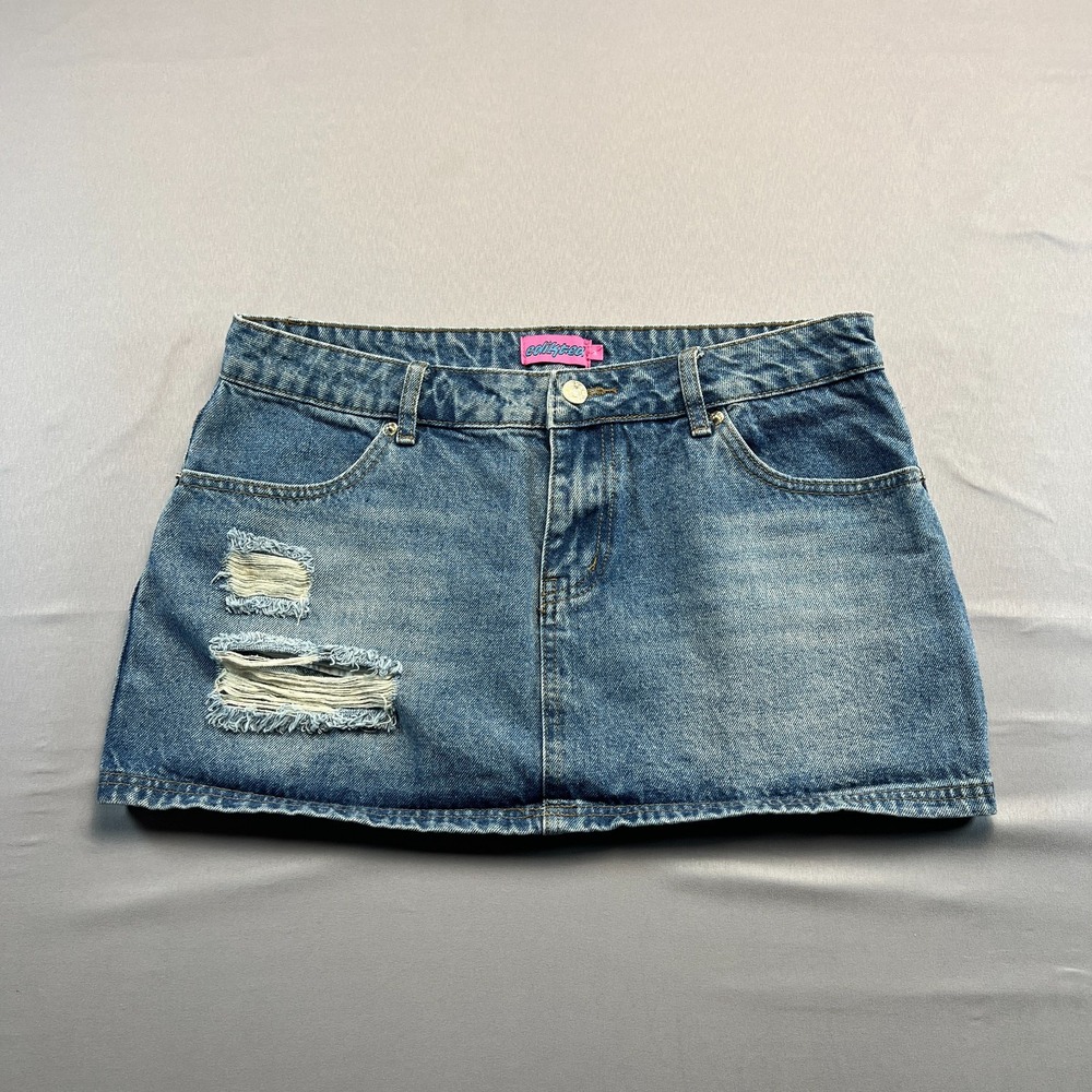 Edikted Mini Skirt Womens Medium Blue Denim Cotton Distressed Zip Fly Streetwear